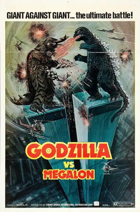 This vintage Japanese movie poster depicts Godzilla and Megalon, two giant monsters, battling atop skyscrapers while jets…
