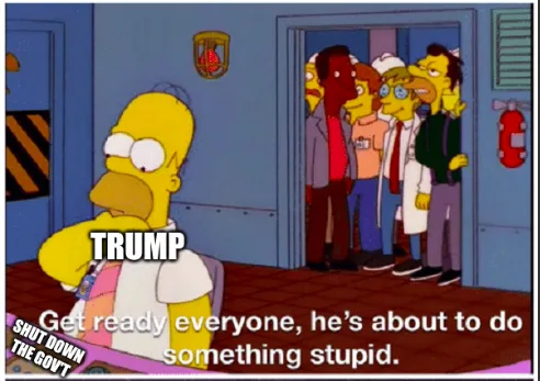 Homer Simpson sits in a chair with 'TRUMP' written over his head, looking bored. Behind him, a group of Simpsons characters…