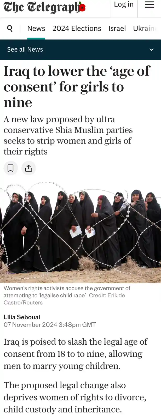 A screenshot of a Telegraph news article with a headline about Iraq lowering the age of consent to nine, overlaid on a photo…
