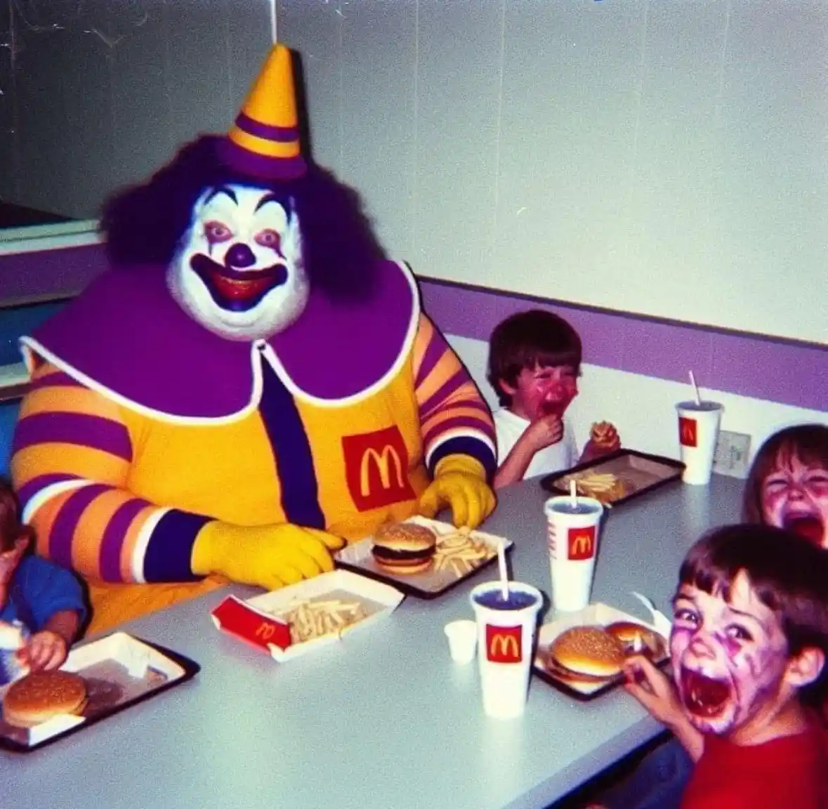 A vintage photo shows Ronald McDonald, the clown mascot in his yellow and purple costume with a party hat, sitting at a…