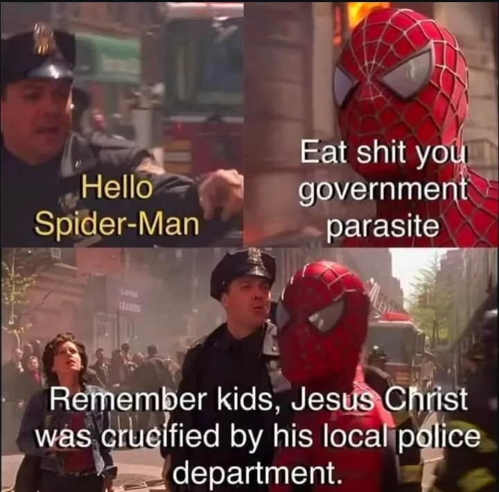A three-panel meme featuring a police officer addressing Spider-Man, who then responds with profanity. The final panel shows…