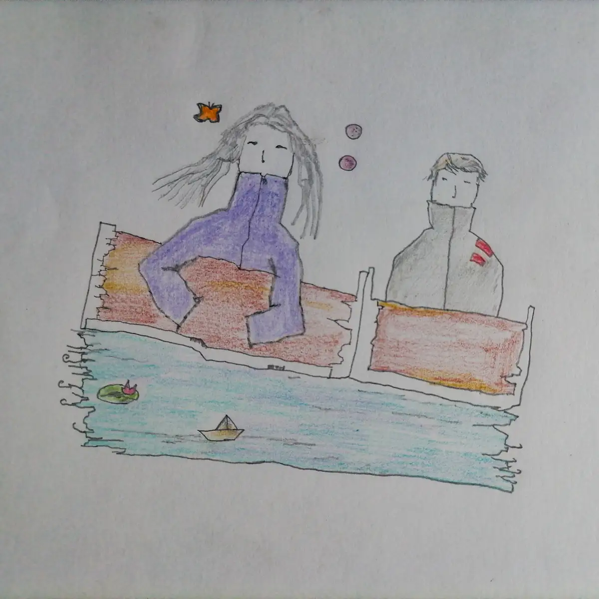 A child's crayon drawing shows two people sitting on separate beds floating on water, with a small boat and lily pad below…