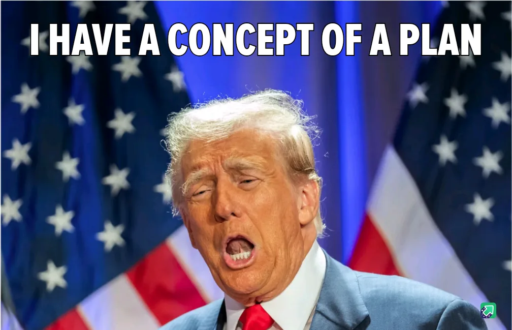 A close-up photo of Donald Trump with his mouth open and eyes squinted, standing in front of two American flags. The text 'I…