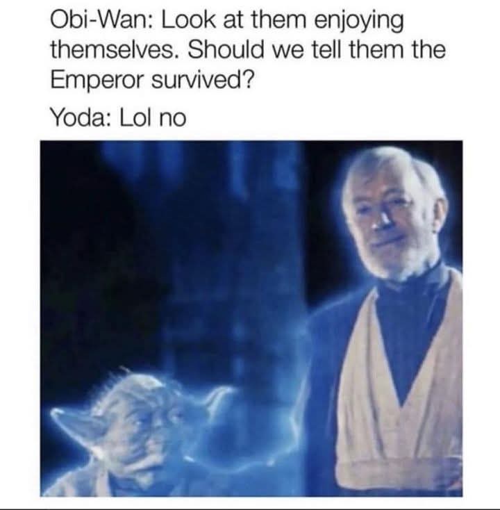 The image shows two characters from Star Wars: a small, green, pointed-eared Yoda on the left, and a taller, older man with…