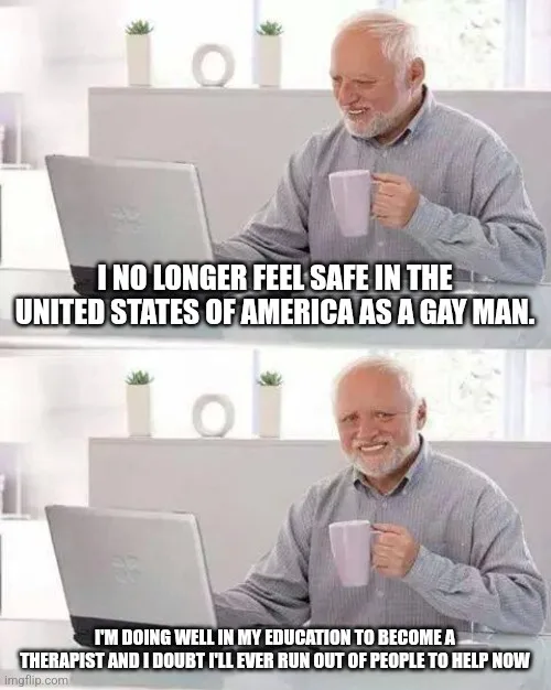 The image is a two-panel meme featuring the same man with white hair and a beard, sitting at a desk with a laptop and…