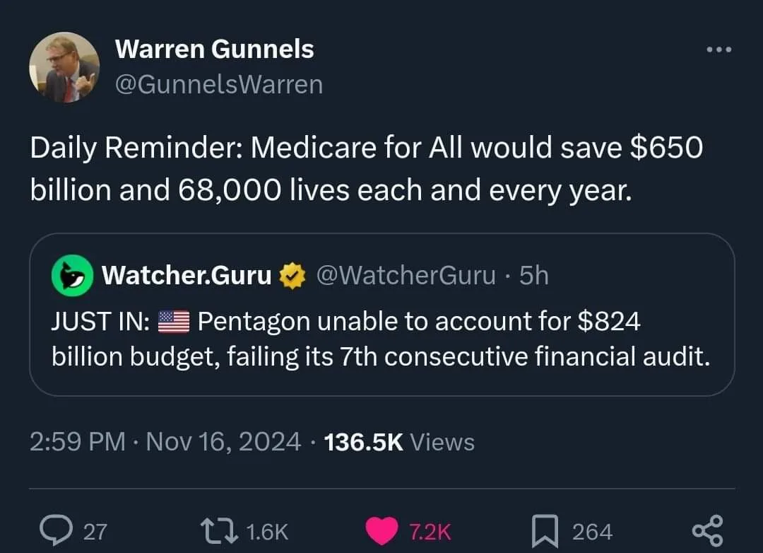 A screenshot of a Twitter thread shows a tweet from Warren Gunnels stating Medicare for All would save $650 billion and…