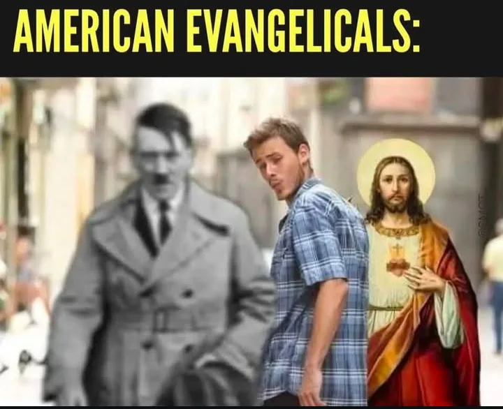 A man in a blue plaid shirt stands between a blurred black-and-white image of Adolf Hitler on the left and a colorful image…