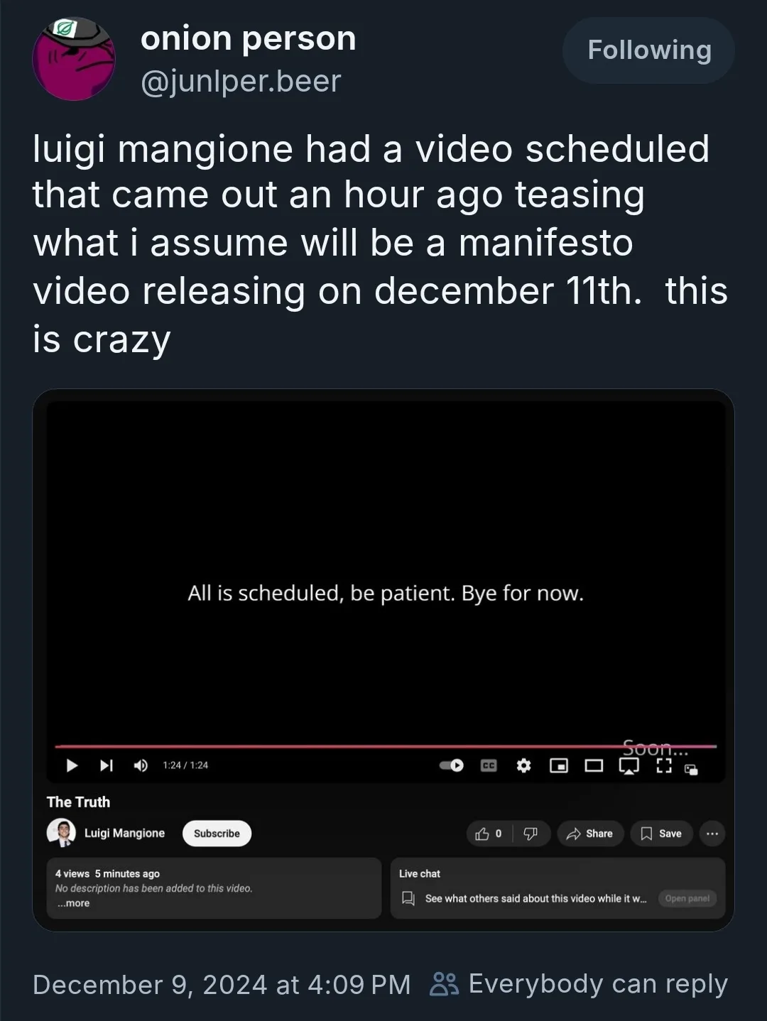A screenshot of a YouTube video player showing a black screen with white text reading 'All is scheduled, be patient. Bye for…