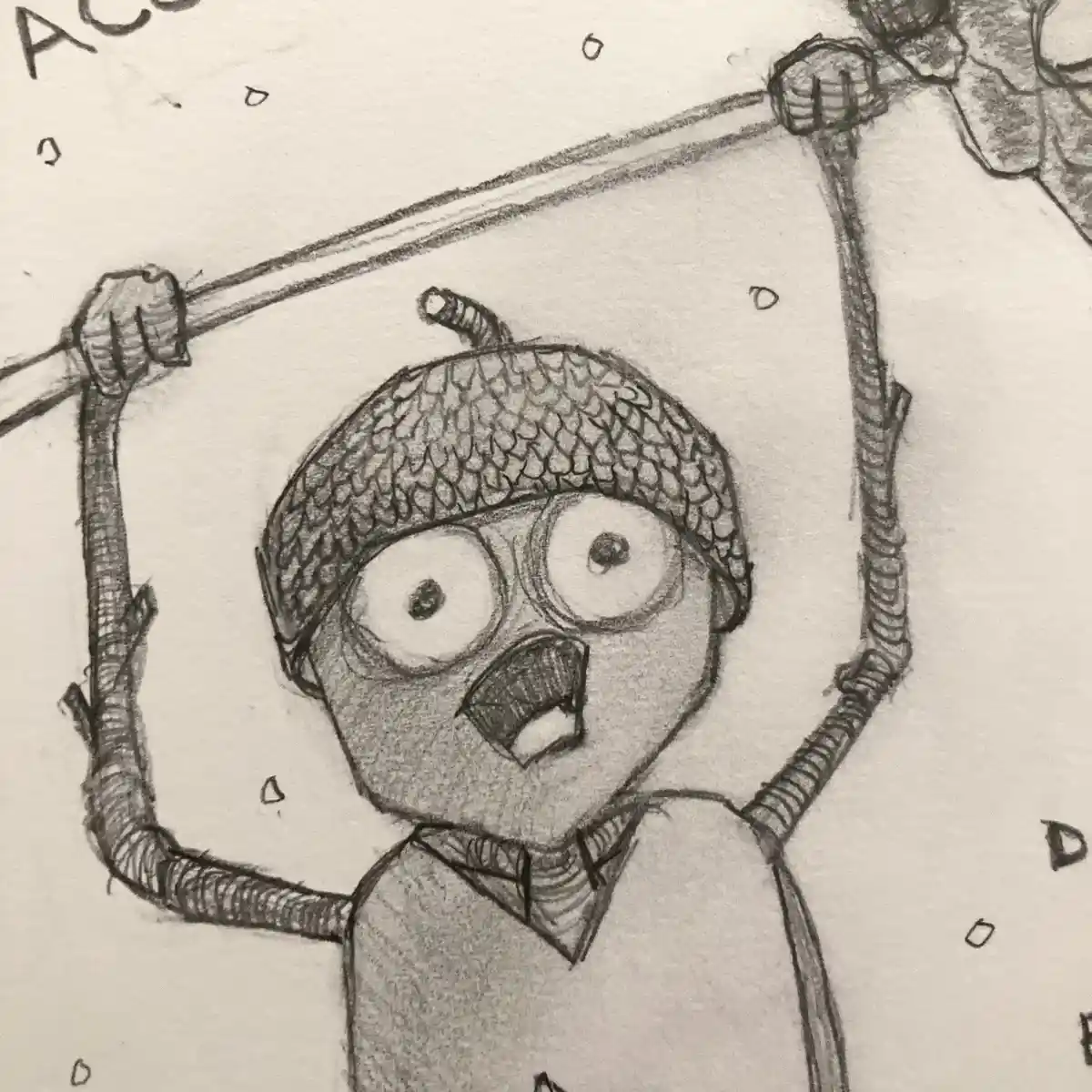 A hand-drawn pencil sketch shows a cartoon character with an acorn cap on its head, wide eyes, and an open mouth, holding up…