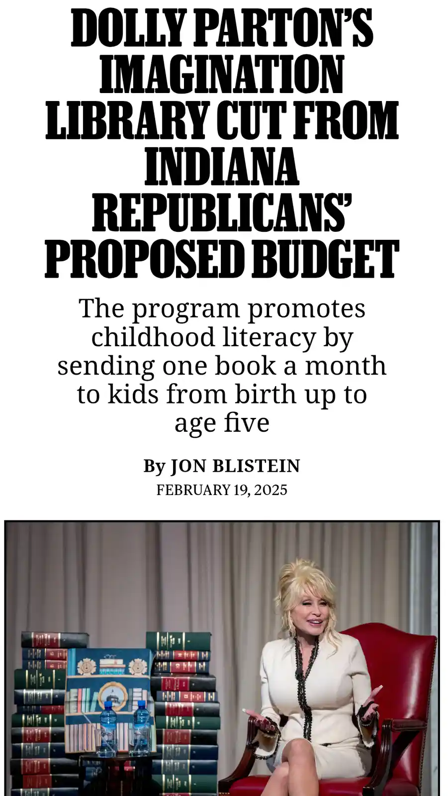 The image displays a newspaper-style headline announcing the cut of Dolly Parton's Imagination Library from Indiana…
