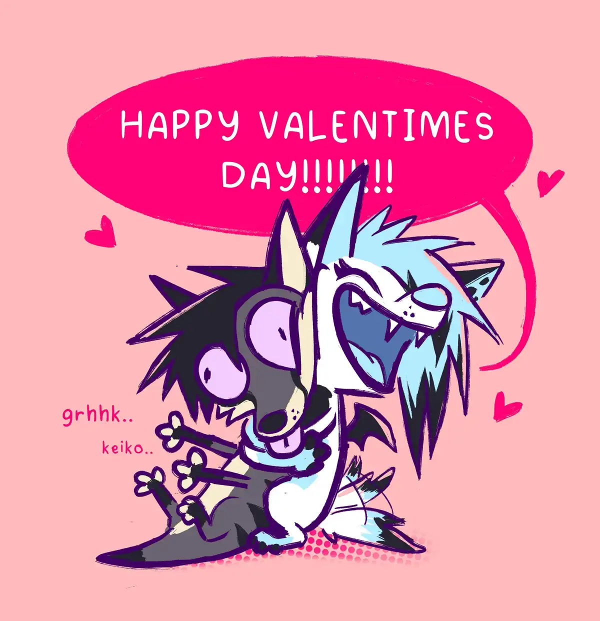 A cartoon illustration shows two anthropomorphic canine characters against a pink background. One character with black and…