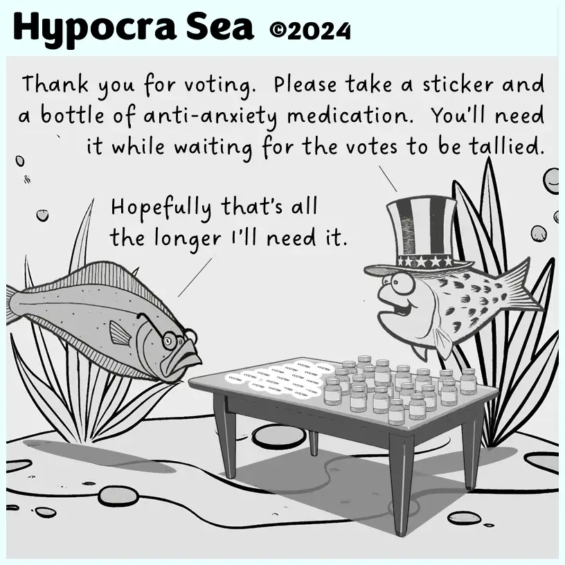 A cartoon underwater scene shows two fish at a table full of ballots and bottles of medication. One fish, wearing a top hat…
