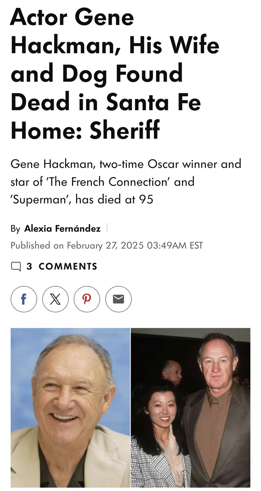 The image displays a fake news article headline announcing the death of actor Gene Hackman, his wife, and their dog in their…
