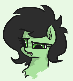 A cartoon drawing of a green-skinned, black-haired character with a smug, slightly annoyed expression, looking down and to…