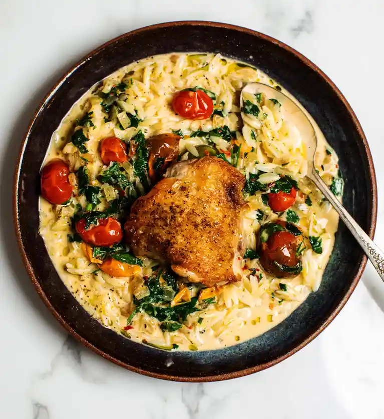 A top-down photo of a dark ceramic bowl filled with creamy orzo pasta, roasted cherry tomatoes, chopped green herbs, and a…