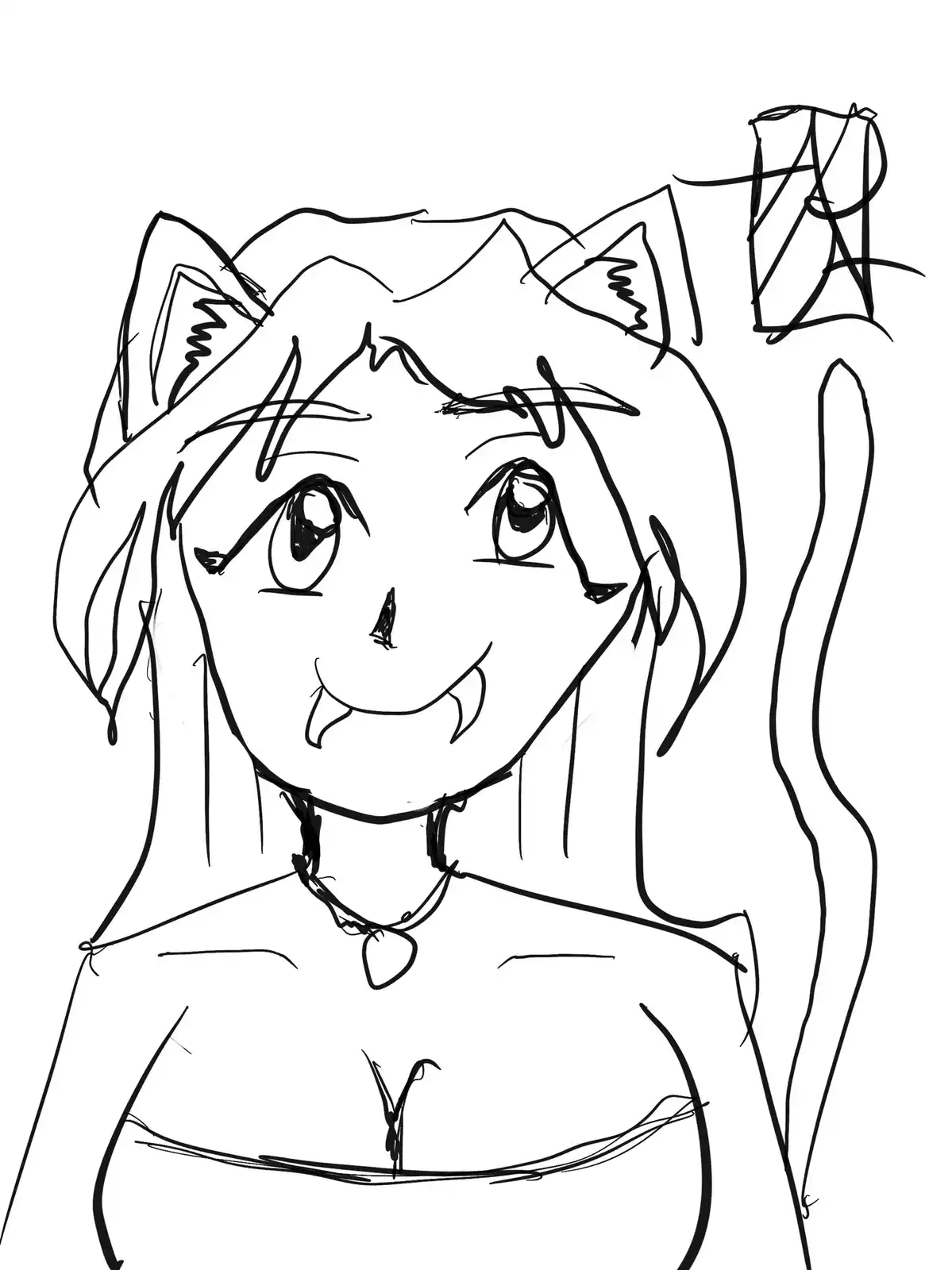A black-and-white line drawing of an anime-style girl with cat ears, fangs, and a tail, smiling while holding up a small…
