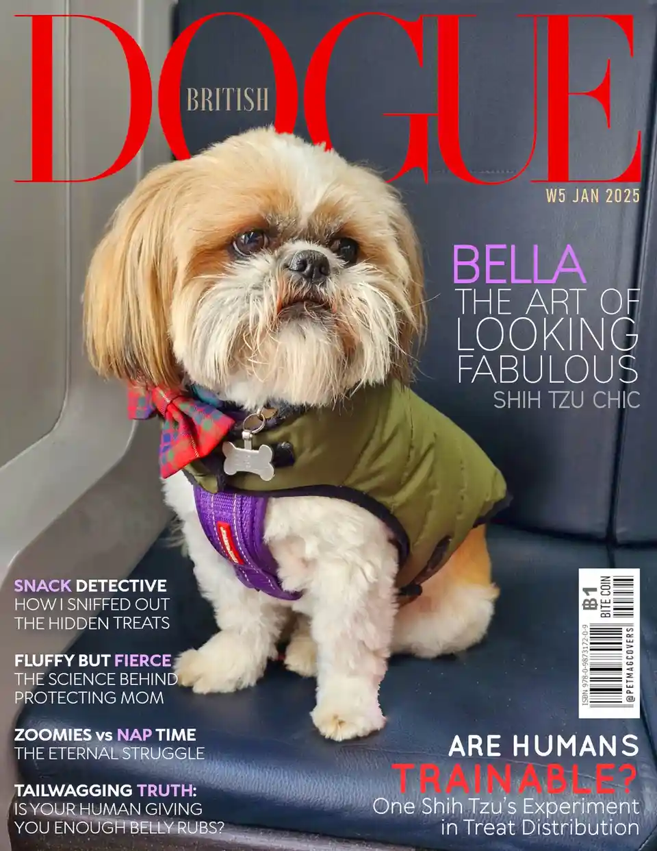 A Shih Tzu dog named Bella sits on a black leather seat wearing a green vest, purple harness, and a red plaid bowtie, styled…
