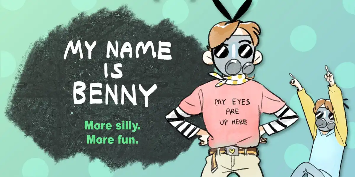 A cartoon character wearing a gas mask and bunny ears stands confidently with hands on hips, wearing a pink shirt that says…