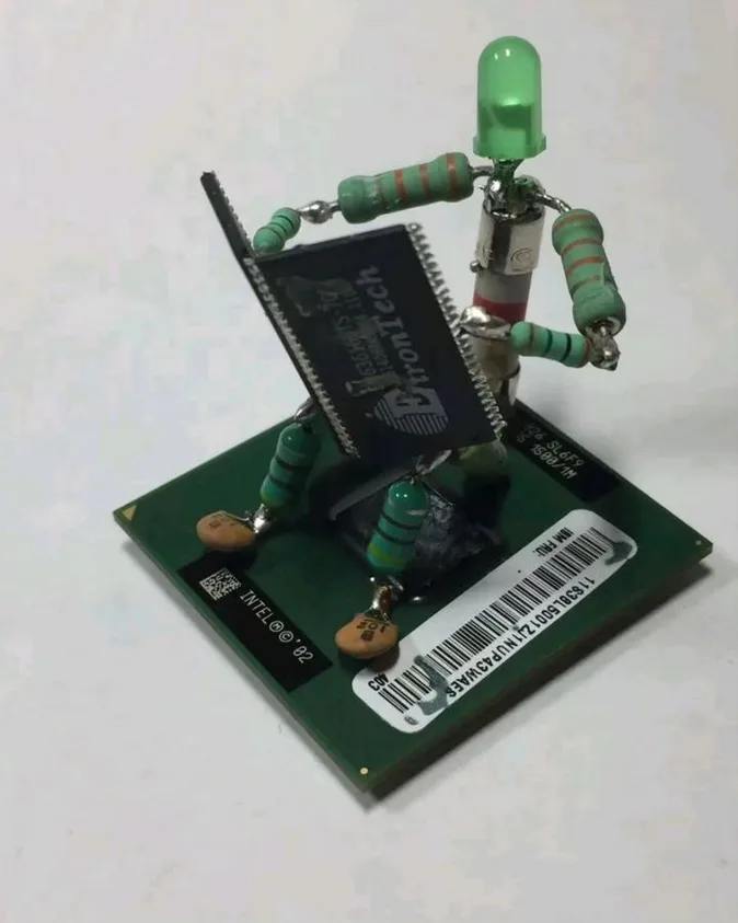 A handmade figurine constructed from electronic components like resistors, capacitors, and a green LED for a head, standing…