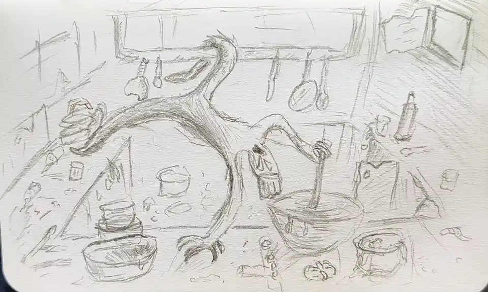 A pencil sketch depicts a large, multi-limbed dragon in a cluttered kitchen, stirring a pot with one hand while holding a…