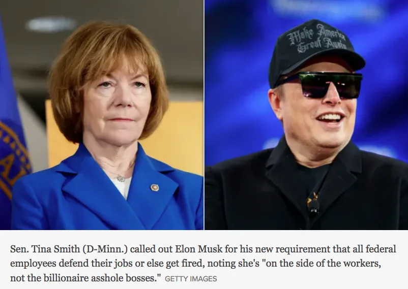The image is a split-screen meme featuring Senator Tina Smith on the left, looking serious in a blue suit, and Elon Musk on…