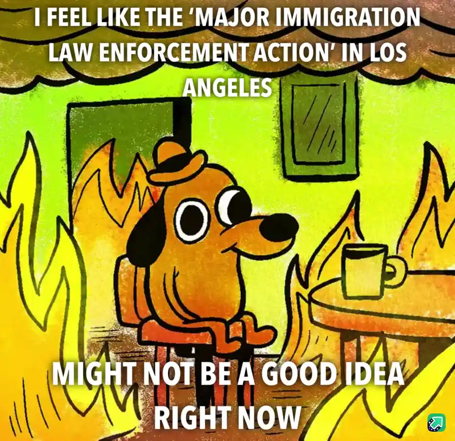 A cartoon dog wearing a hat sits calmly in a room surrounded by flames, with a mug on a table beside it. The text overlaid…