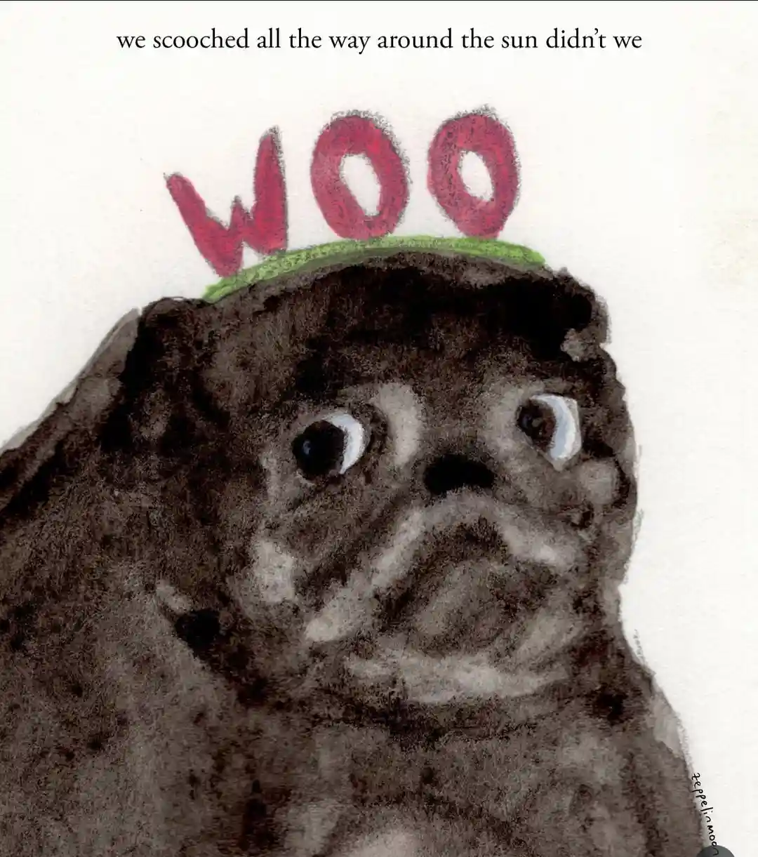 A watercolor illustration of a black pug with wide, surprised eyes, wearing a red and green crayon-style crown that spells…