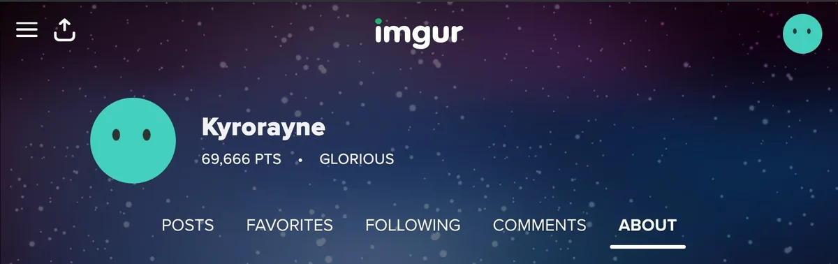 An Imgur user profile page for 'Kyrorayne' shows a teal circular avatar with two black dots for eyes. Below the username, it…