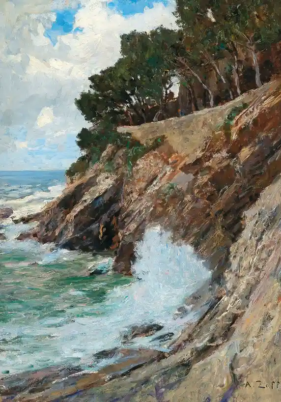 An oil painting of a rocky coastal cliff with crashing ocean waves below and trees on top, signed 'A. Zoff' in the lower…