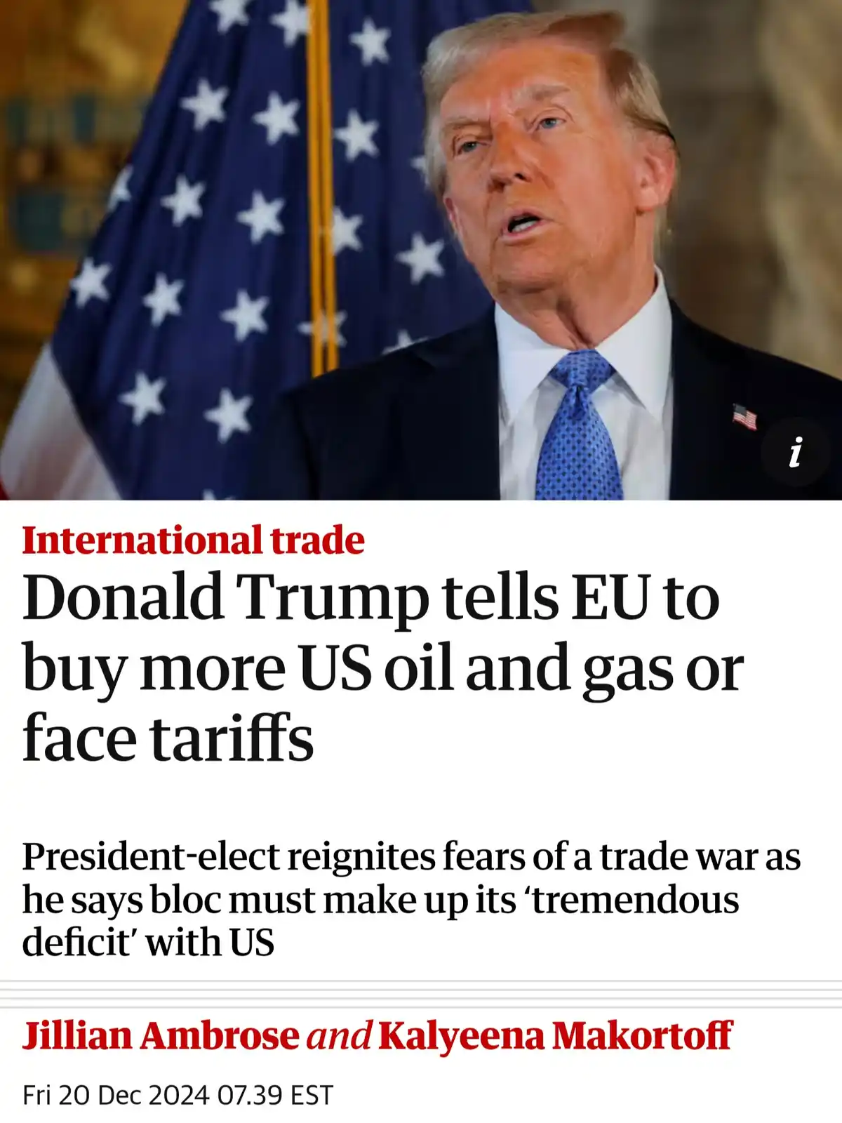The image shows a news article headline overlaying a photo of Donald Trump speaking in front of an American flag. The…