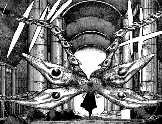 A black-and-white manga panel shows a small figure in a dark cloak standing before a massive, four-winged insect with…