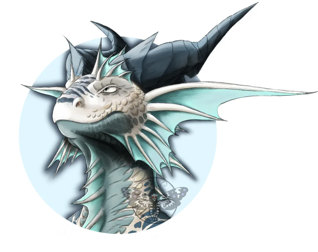 A stylized illustration of a dragon with a light blue and gray color scheme, featuring spiky horns, wings, and a detailed…