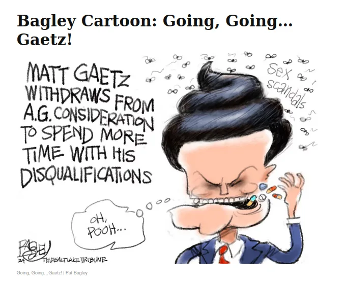 A cartoon depicts a man with a large, messy hairdo, grimacing as he chews pills, with 'sex scandals' floating around his…