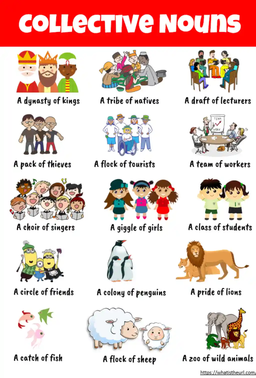 An educational infographic titled 'Collective Nouns' displays 15 cartoon illustrations of groups of people or animals, each…