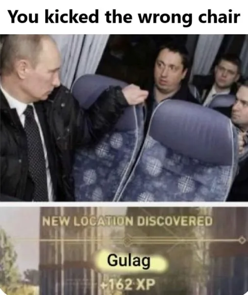 The top panel shows Vladimir Putin in a black jacket pointing at a blue patterned airplane seat, with several men looking…