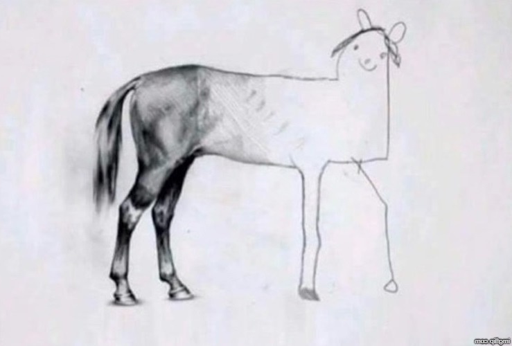 A crude pencil drawing shows a horse with realistic shading on its rear half and a simplistic stick-figure outline for its…