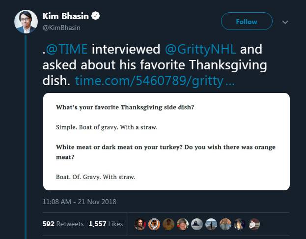 A screenshot of a Twitter post by Kim Bhasin showing a tweet about an interview with Gritty NHL. The tweet includes a quote…