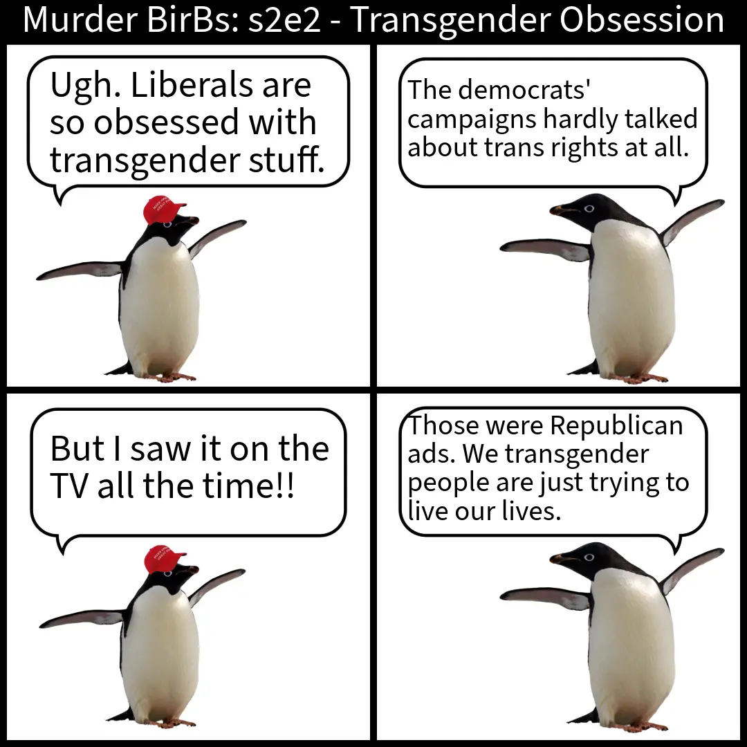 A four-panel comic strip featuring two penguins, one wearing a red MAGA-style hat, engaged in a dialogue. The first penguin…
