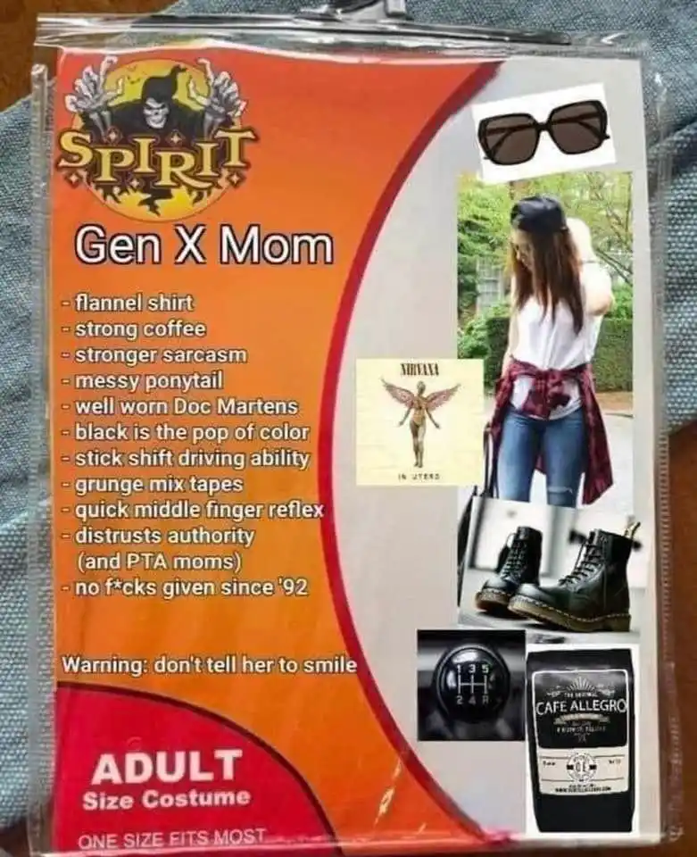 An image of a 'Spirit' brand adult costume package labeled 'Gen X Mom,' listing stereotypical items like flannel shirts…