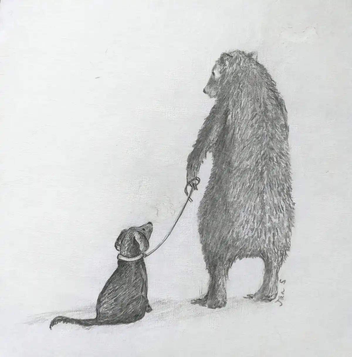 A black-and-white sketch shows a small dog sitting on the left, looking up at a large bear standing upright on the right…