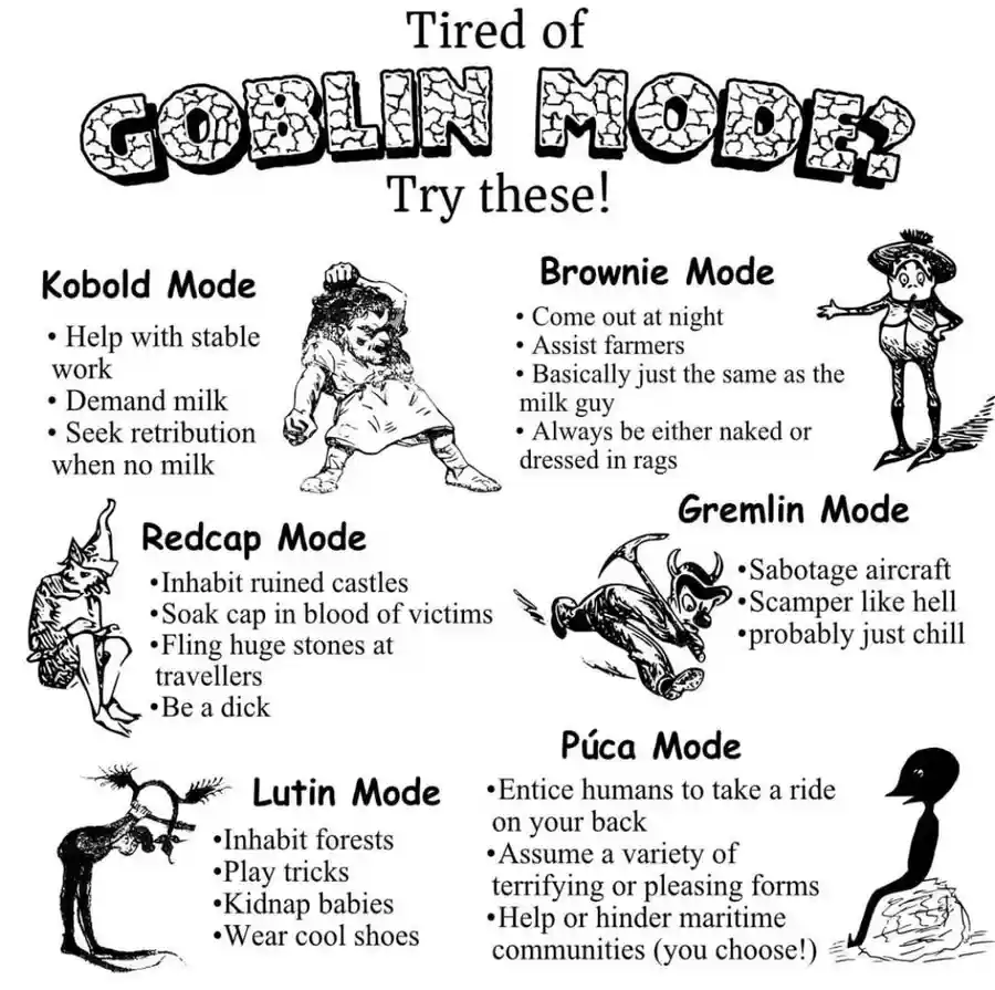 A black-and-white illustrated meme titled 'Tired of GOBLIN MODE? Try these!' presents six fictional creature 'modes' as…