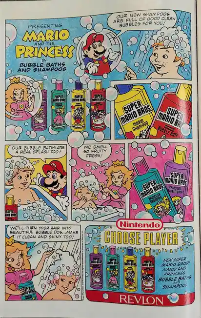 A vintage 1990s comic-style advertisement featuring Mario and Princess Peach promoting 'Super Mario Bros.' bubble baths and…