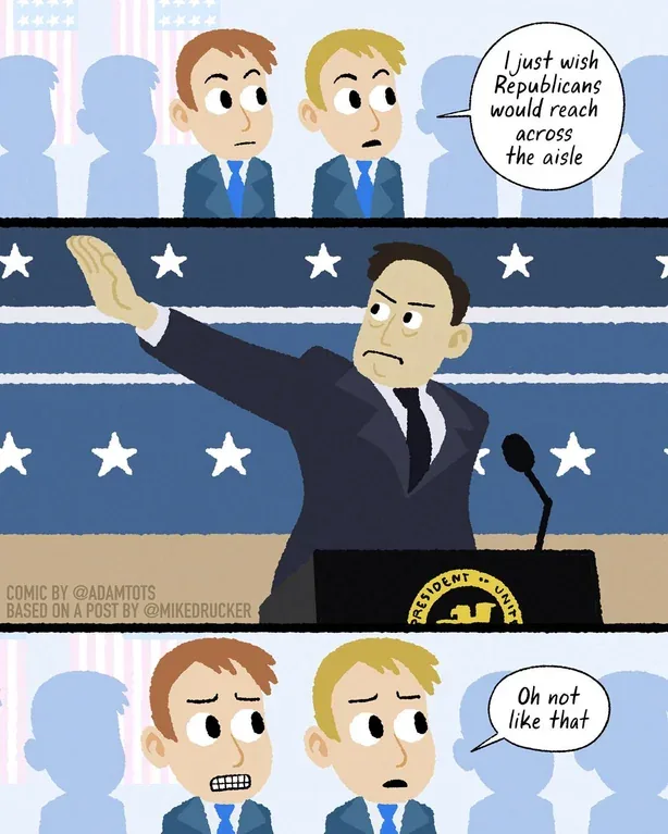 A three-panel cartoon shows two politicians in suits looking worried as one says, 'I just wish Republicans would reach…