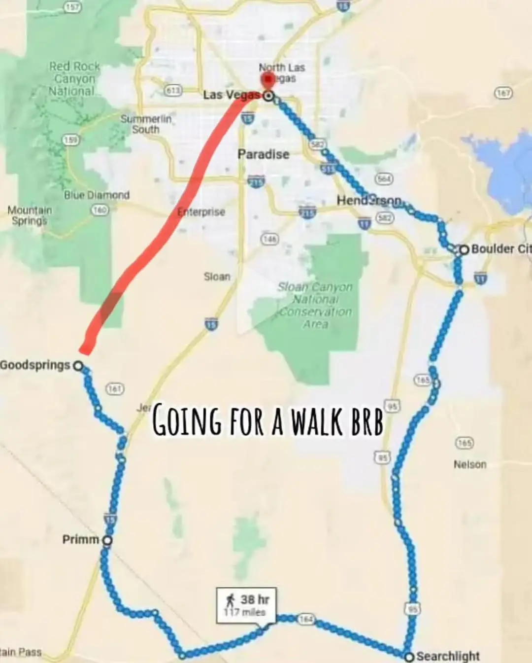 A map of southern Nevada shows a blue dotted route from Las Vegas to Searchlight, totaling 117 miles and 38 hours of…
