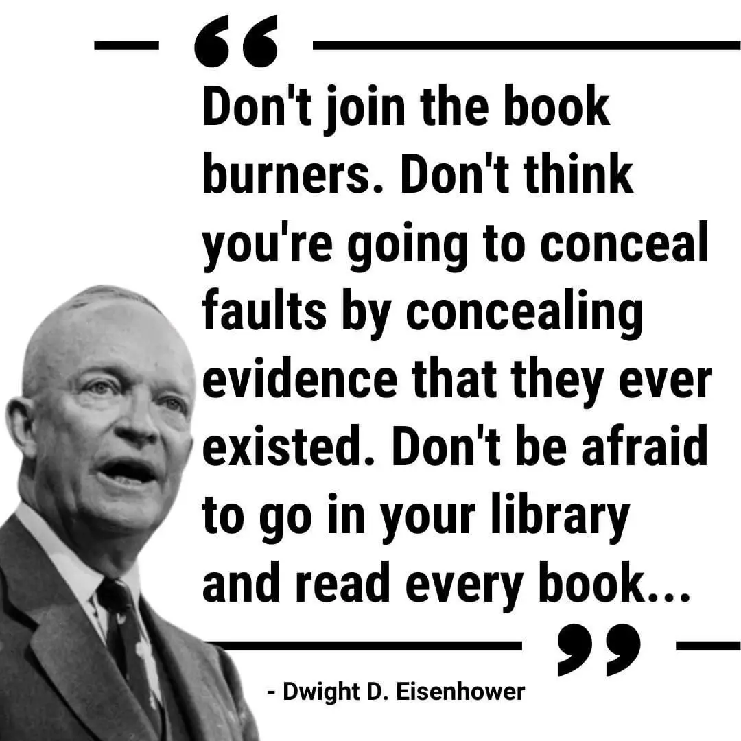 A black and white photo of Dwight D. Eisenhower, looking upward with his mouth slightly open, overlaid with a long quote…