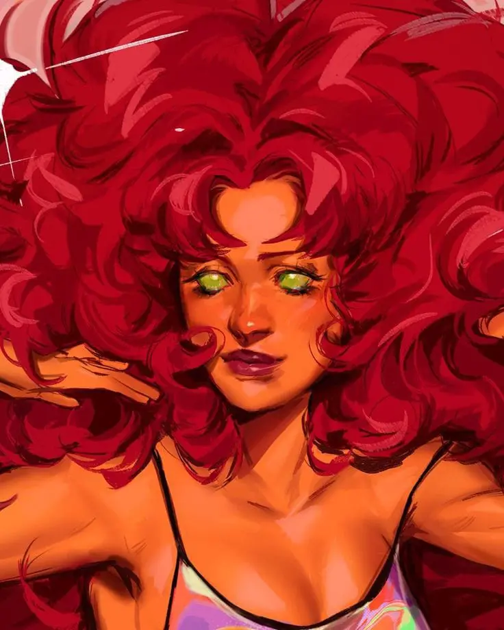 A digital illustration of a woman with voluminous, fiery red hair and glowing green eyes, wearing a colorful top. Her…