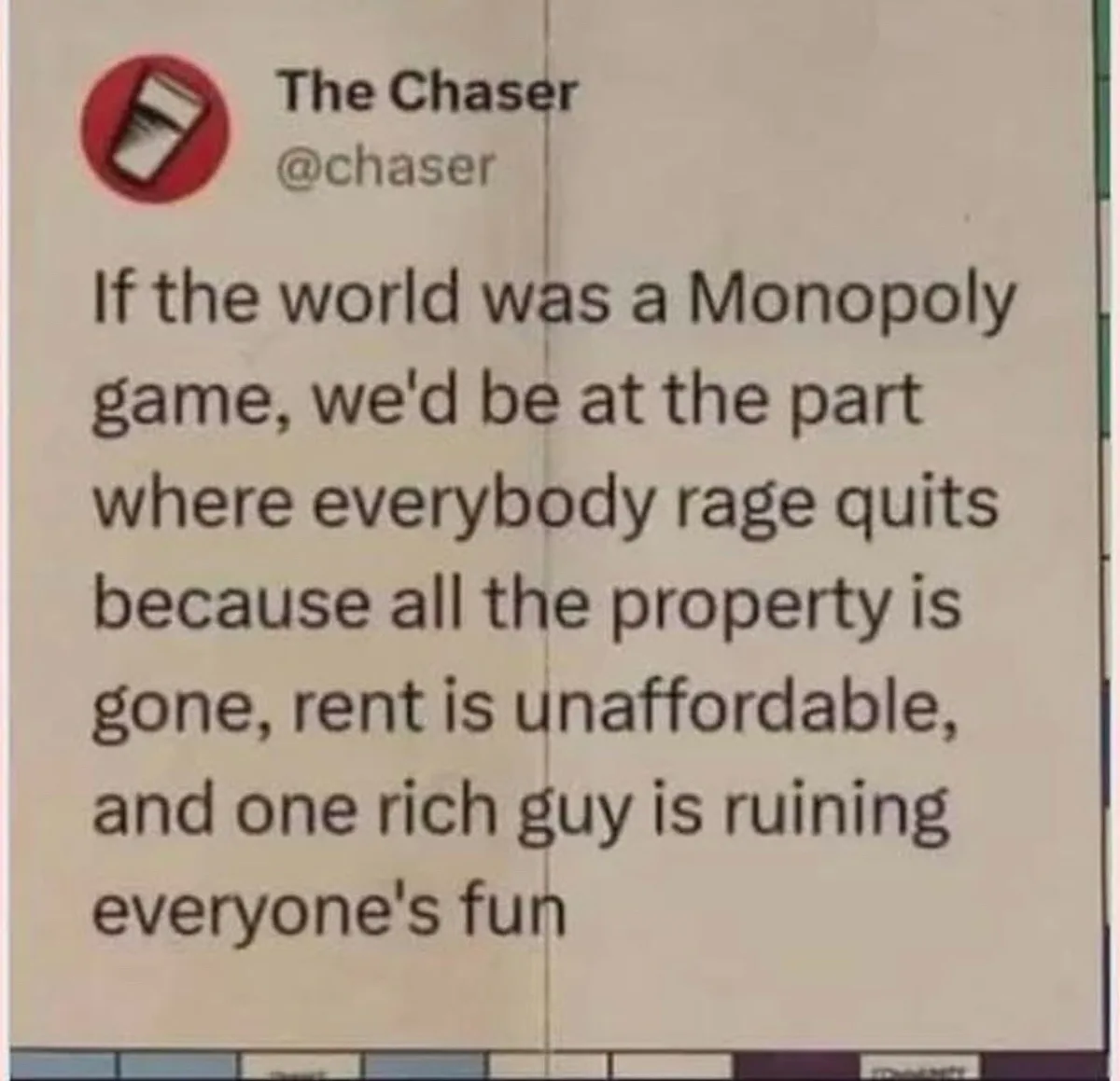 A screenshot of a tweet from 'The Chaser' (@chaser) with a red circular profile picture showing a glass of beer. The tweet…