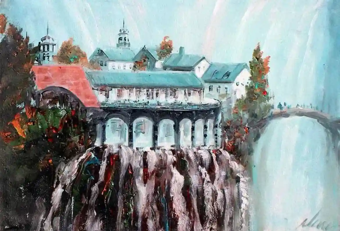 This is a painting of a building with teal roofs and white walls, constructed directly on top of a waterfall, with trees and…