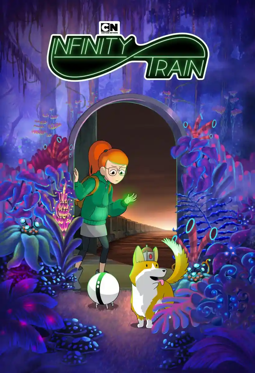 A promotional poster for the Cartoon Network show 'Infinity Train' shows a young girl with orange hair and glasses stepping…