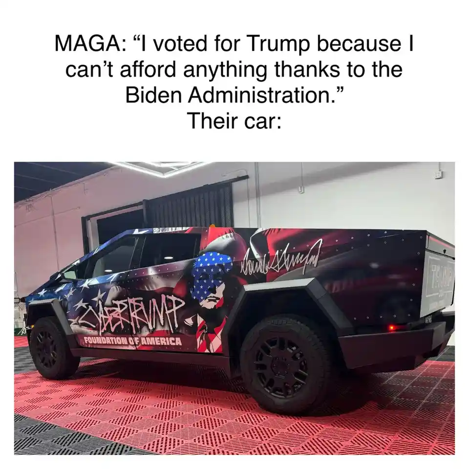 A heavily customized Tesla Cybertruck with patriotic red, white, and blue graphics, featuring a stylized portrait of Donald…